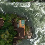 Aerial view of the island and lodge.