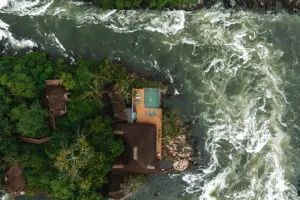 Aerial view of the island and lodge.