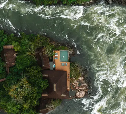 Aerial view of the island and lodge.