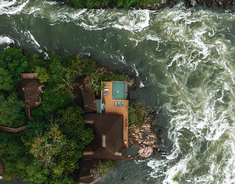 Aerial view of the island and lodge.