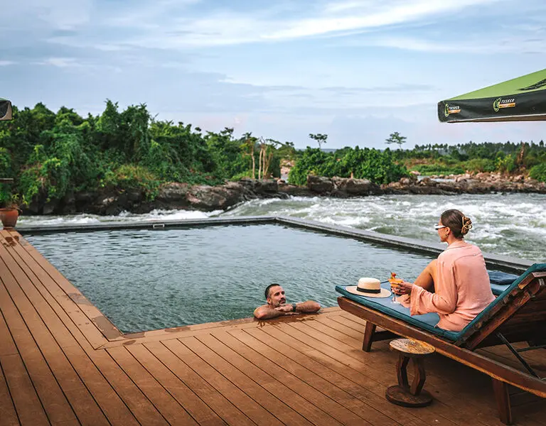 Take a dip in the pool and relax on the loungers. 