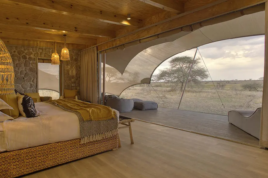 Namiri Plains Tent interior looking out onto the plains