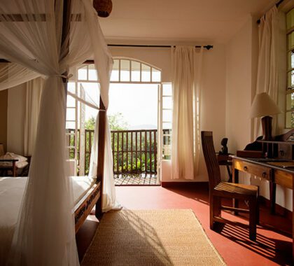 Rooms are tastefully furnished with king-sized four-poster beds.