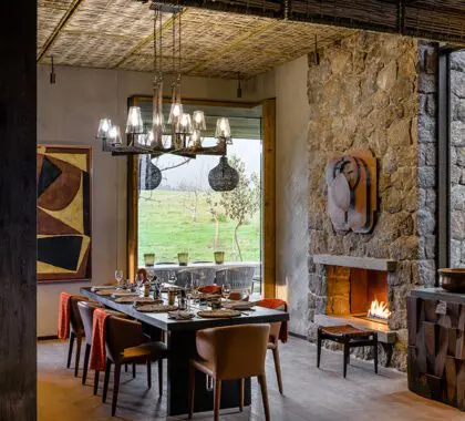 Dining area with fireplace.