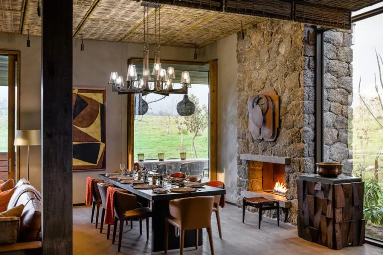 Dining area with fireplace.