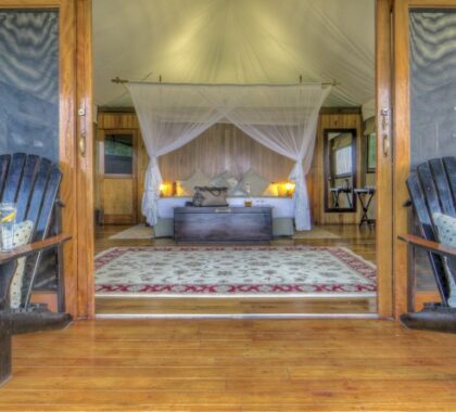 Kanana Lodge’s meru-style tents are elevated on teak decks and feature private verandas.