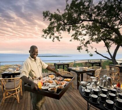 Enjoy a scrumptious breakfast at Bumi on the viewing deck as the sun begins to climb over the lake.