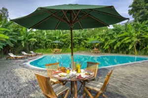 Disfrute de un tranquilo desayuno junto a la piscina de Bishops House.