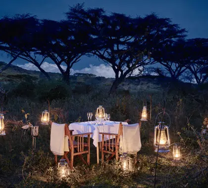 Dine under the stars at Ngorongoro Crater Camp.