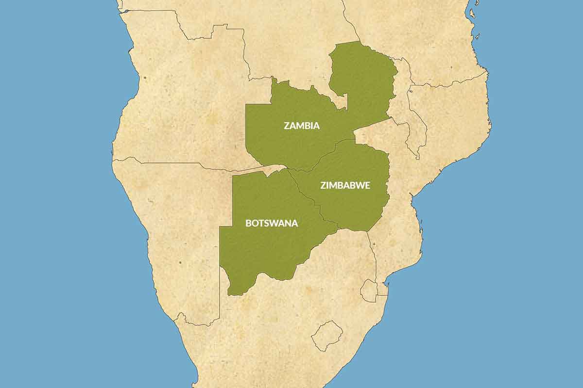 A map of Africa highlighting Botswana, Zimbabwe and Zambia