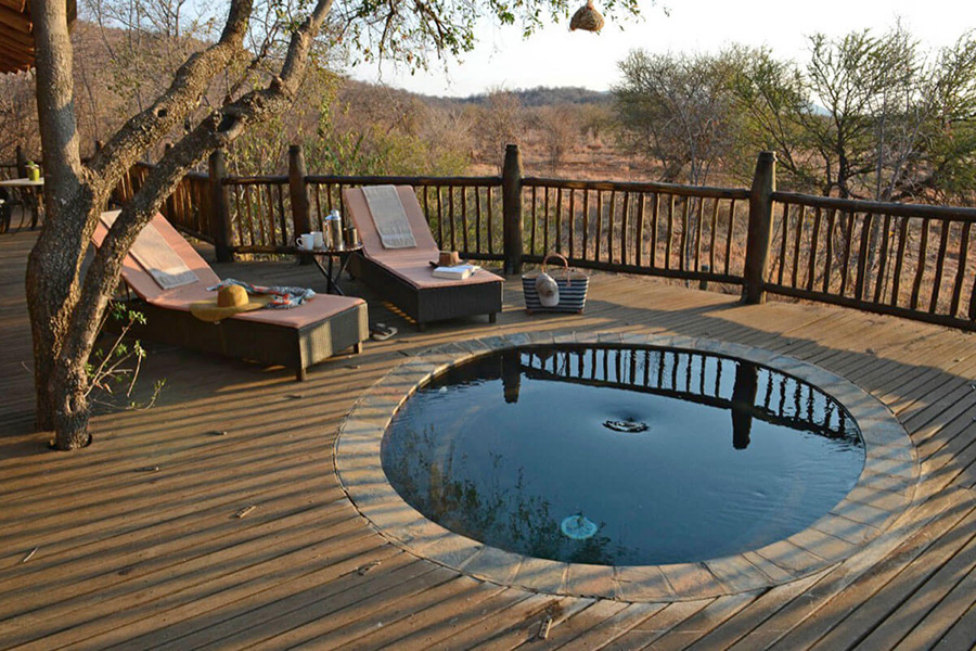 Elephant drinking from a private plunge pool at Etali Lodge in Madikwe Game Reserve, South Africa.