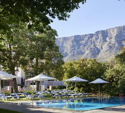 Pool view at the Belmond Mount Nelson in Cape Town, South Africa.