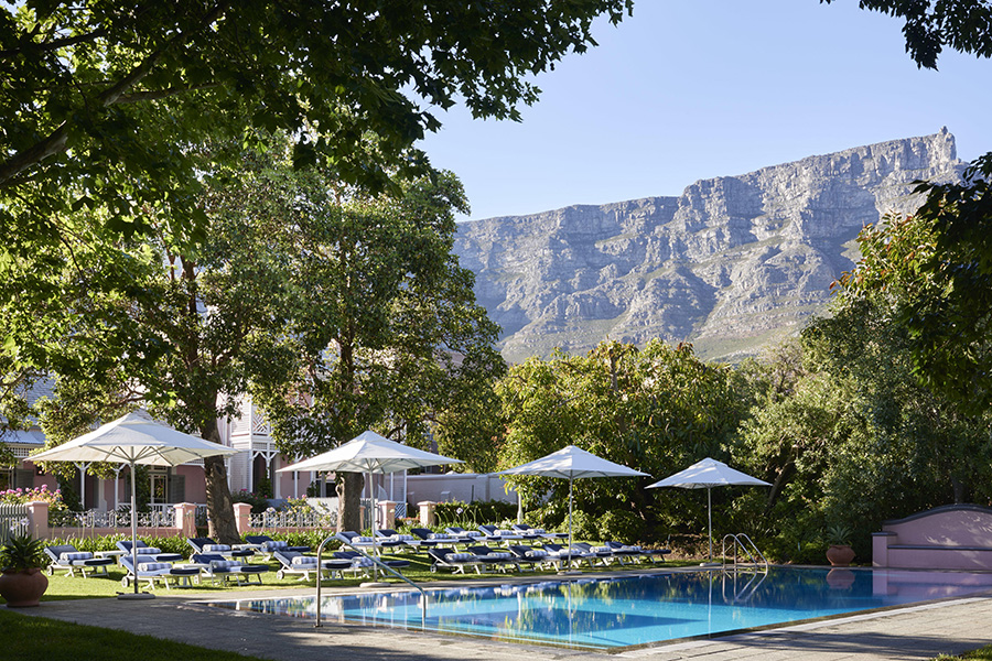 Pool view at the Belmond Mount Nelson in Cape Town, South Africa.