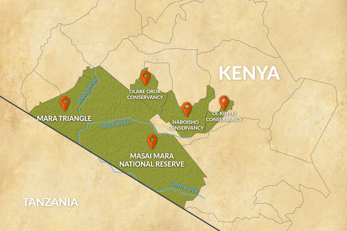 Map of the Masai Mara including the National Reserve, Mara Triangle and Conservancies in Kenya