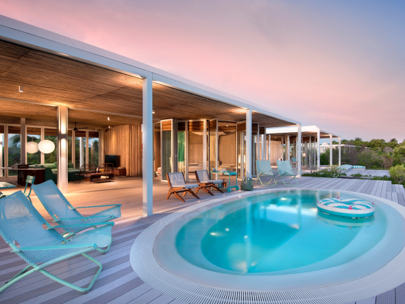 Each villa boasts a private pool with fantastic sea views.