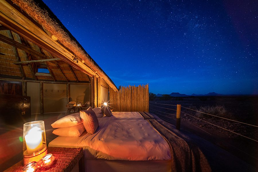 Dowo Nawas Camp star bed in Damaraland, Namibia.