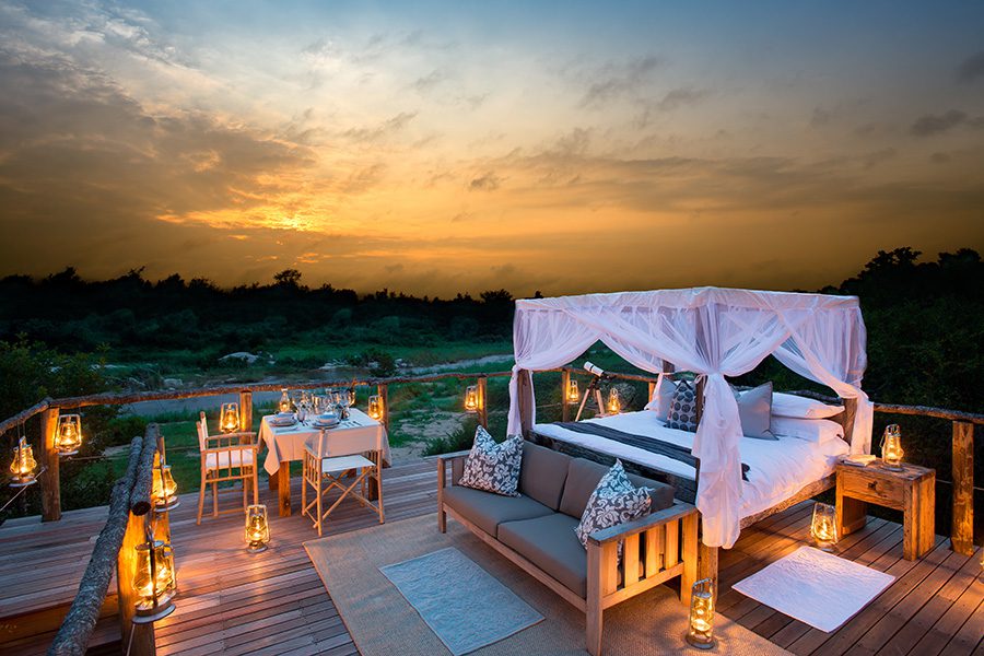 Tinyeleti Treehouse in the evening in the Kruger National Park, South Africa.
