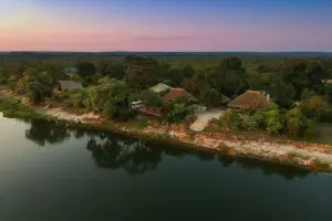 Aerial view of Mpala Jena Camp, on the banks of the Zambezi River.