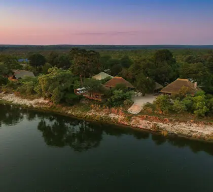 Aerial view of Mpala Jena Camp, on the banks of the Zambezi River.