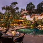 Dinner setup around the pool.