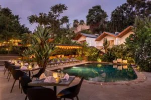 Dinner setup around the pool.