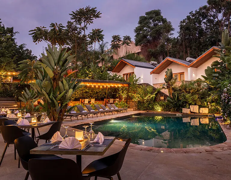 Dinner setup around the pool.