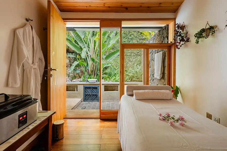 Serene spa treatment room. 