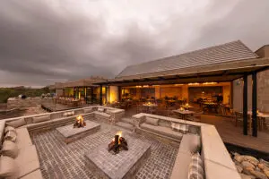 A spacious firepit at the main lodge area.