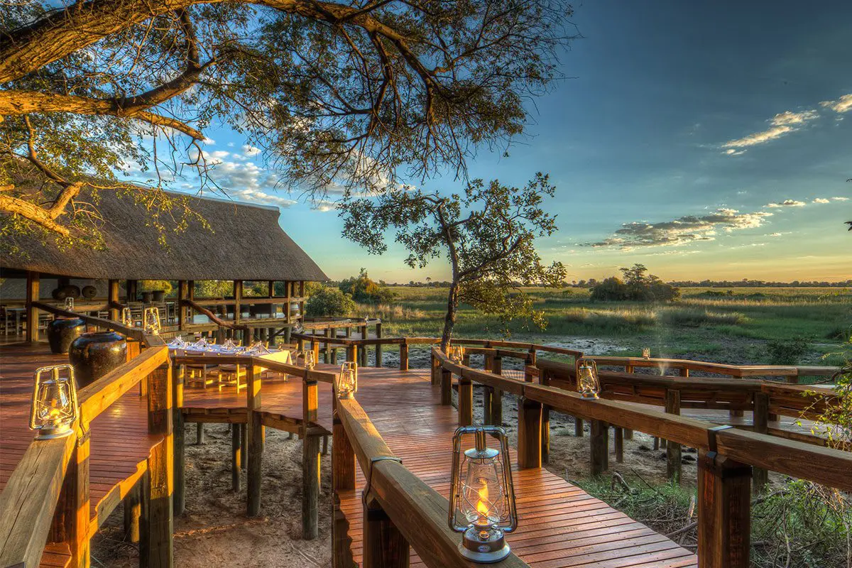 Exterior view of the luxurious Camp Okavango in the Okavango Delta