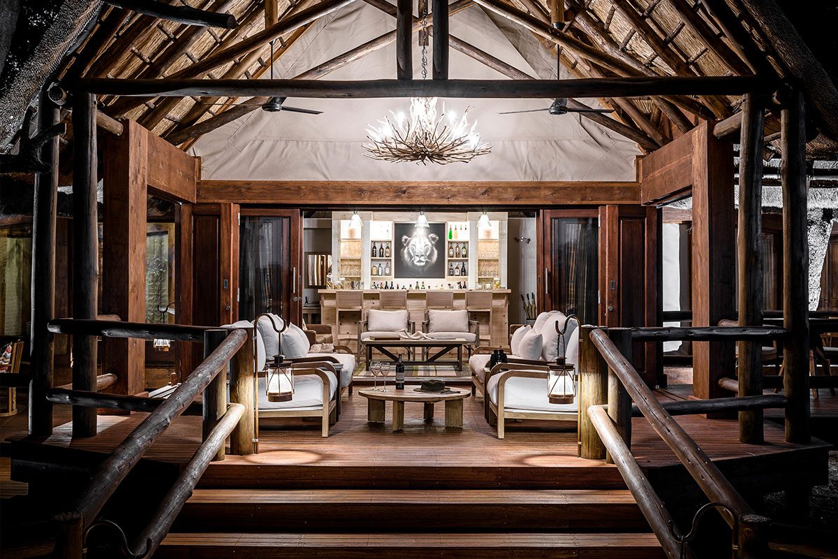 Living room & bar at one of the best camps in Botswana, Chief's Camp