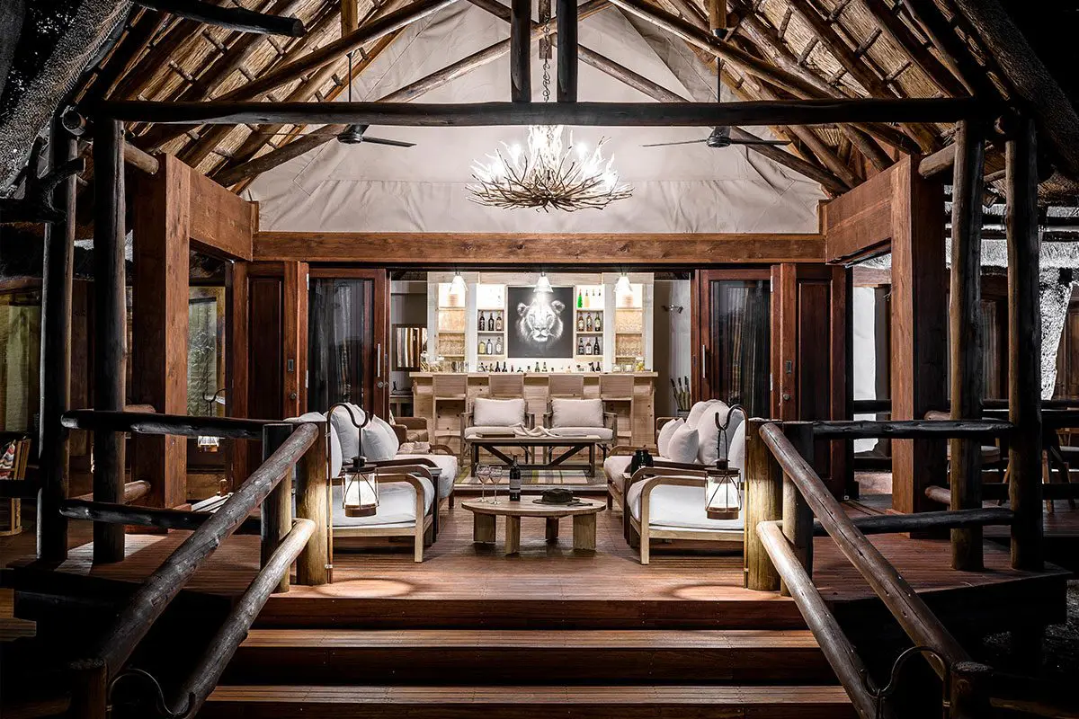 Living room & bar at one of the best camps in Botswana, Chief's Camp