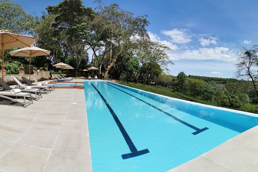 Una larga piscina se extiende lejos de la cámara con tumbonas que dan a una hermosa vista de la granja | Go2Africa
