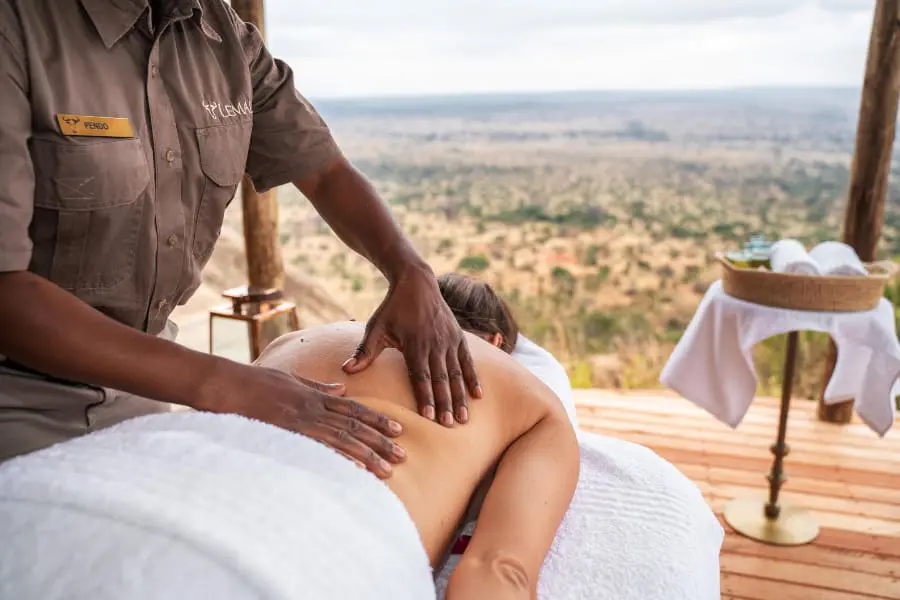 Primer plano de un masaje con amplias vistas desde la cama | Go2Africa