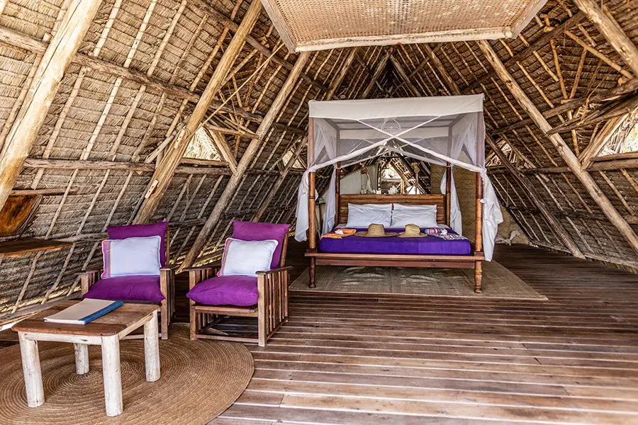 Tanzania-Fanjove-Island-Banda-bed-seated-area