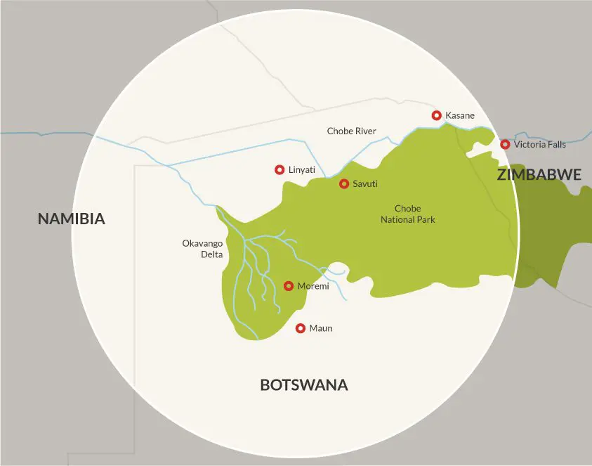 A map of Botswana showcasing Chobe and its top destinations.