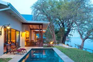 Baines' River Camp, set on the northern bank of the Zambezi River.