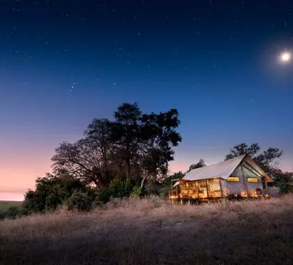 Exterior nocturno del Linyanti Bush Camp