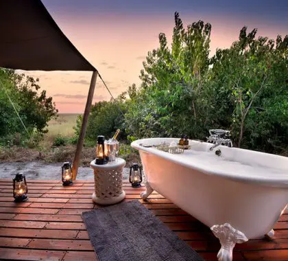 Baño de lujo con vistas en Linyanti.