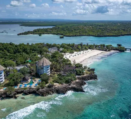 An aerial view of Chale Island Resort on Kenya's idyllic coast. 