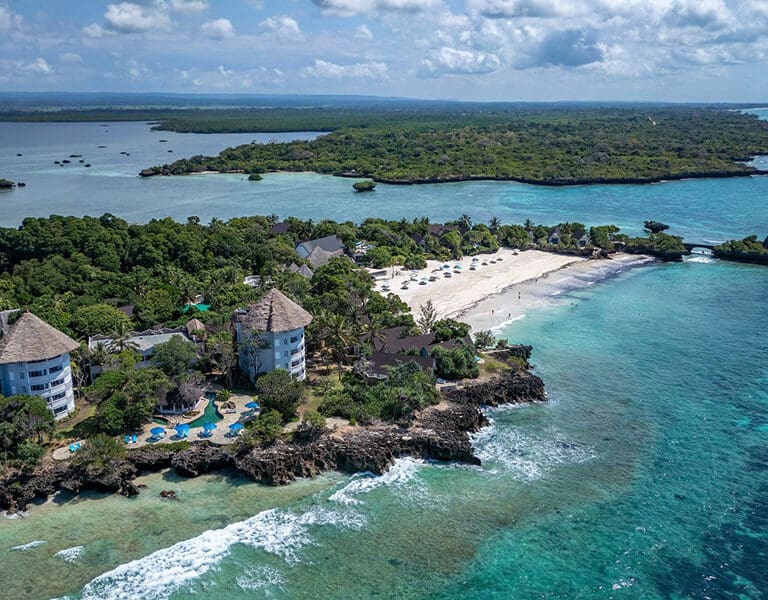 An aerial view of Chale Island Resort on Kenya's idyllic coast. 