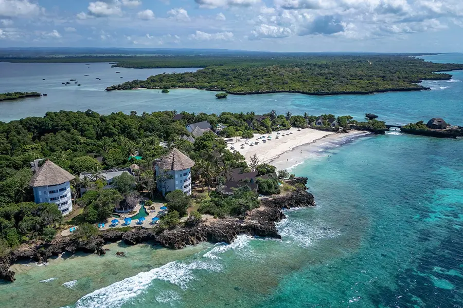 An aerial view of Chale Island Resort on Kenya's idyllic coast. 