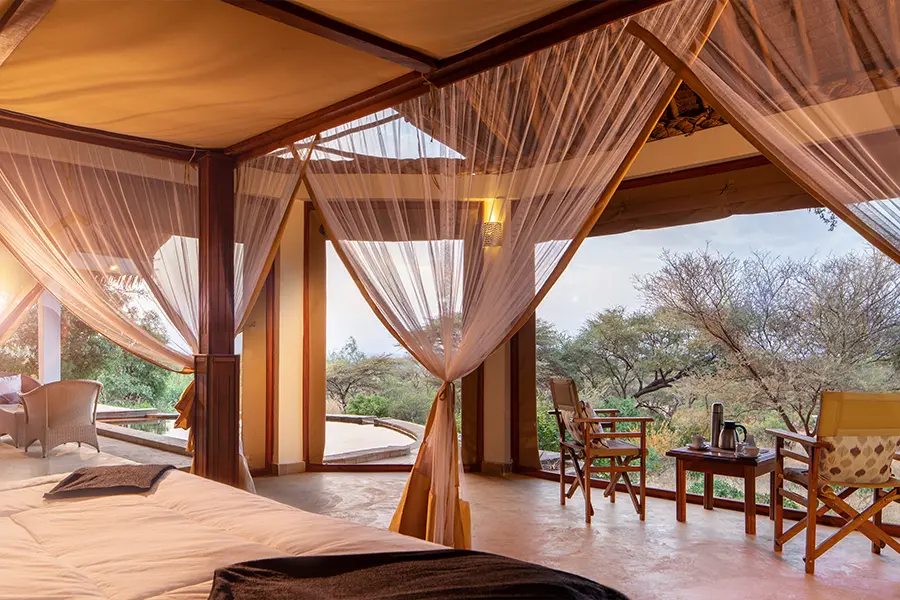 Looking out from a four-poster bed across two chairs with a small coffee table and a pool and onto the bush beyond at Lentorre Lodge | Go2Africa