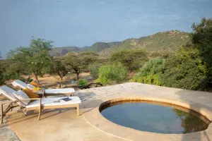 Swimming pool area with a view.