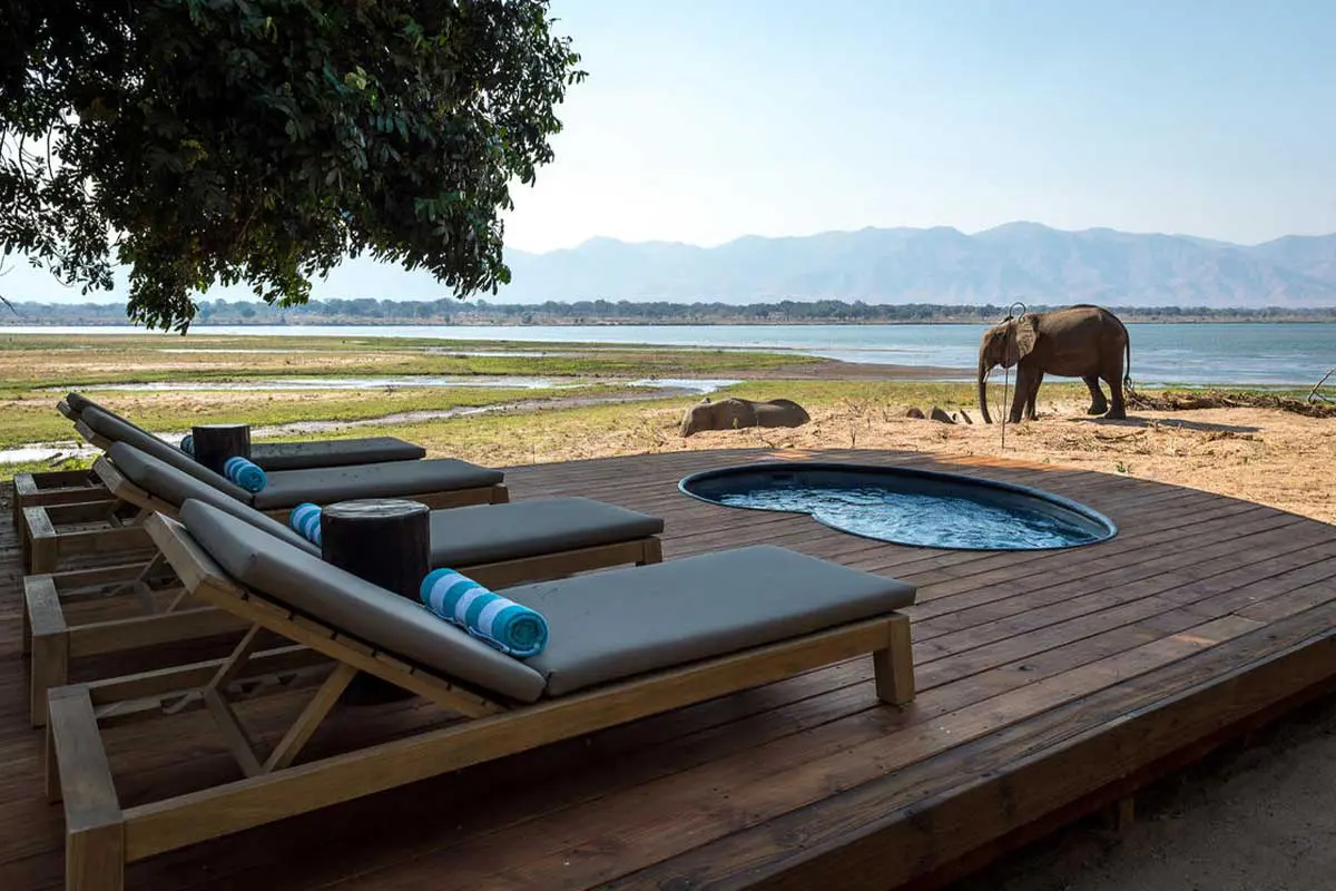 Su piscina privada con vistas a los elefantes y al río Zambeze en Little Ruckomechi.