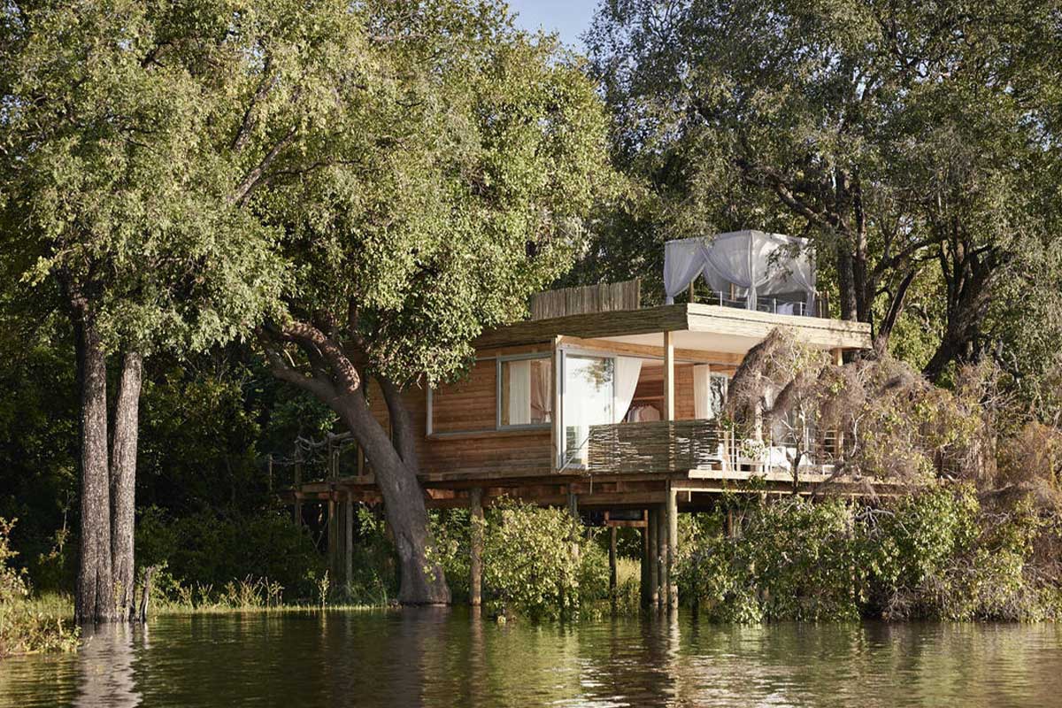Exteior of the exclusive Island Treehouse Suites at Victoria Falls River Lodge, Zimbabwe.