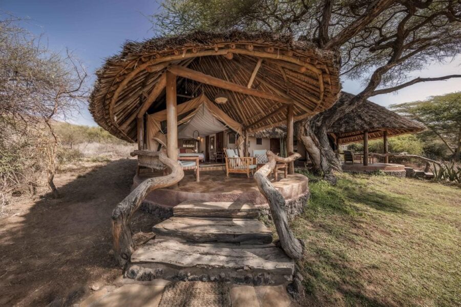 The exterior of Tortilis Camp's family tent in Amboseli, Kenya