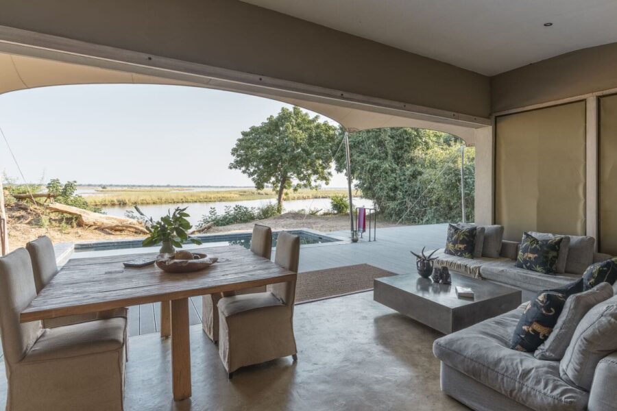 Kigali House at Sausage tree Camp overlooks the Lower Zambezi, allowing guests to enjoy safaris even from the comfort of their suites