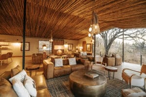 The lounge looks out over the Serengeti plains.