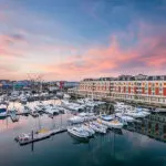 Exterior view of V&A Waterfront harbour and Cape Grace Hotel.