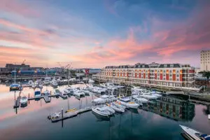 Exterior view of V&A Waterfront harbour and Cape Grace Hotel.